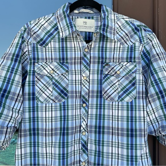 Scotch & Soda Western White/Blue/Green Plaid Full-Snap Scrunched Sleeve Shirt L - Picture 1 of 12